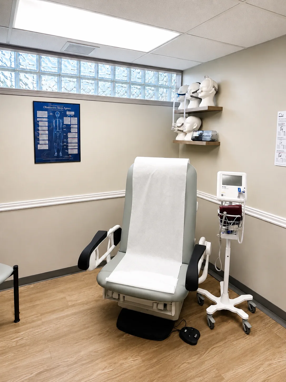 Sleep medicine consultation room at Haven Health Woodhaven featuring CPAP equipment and exam chair